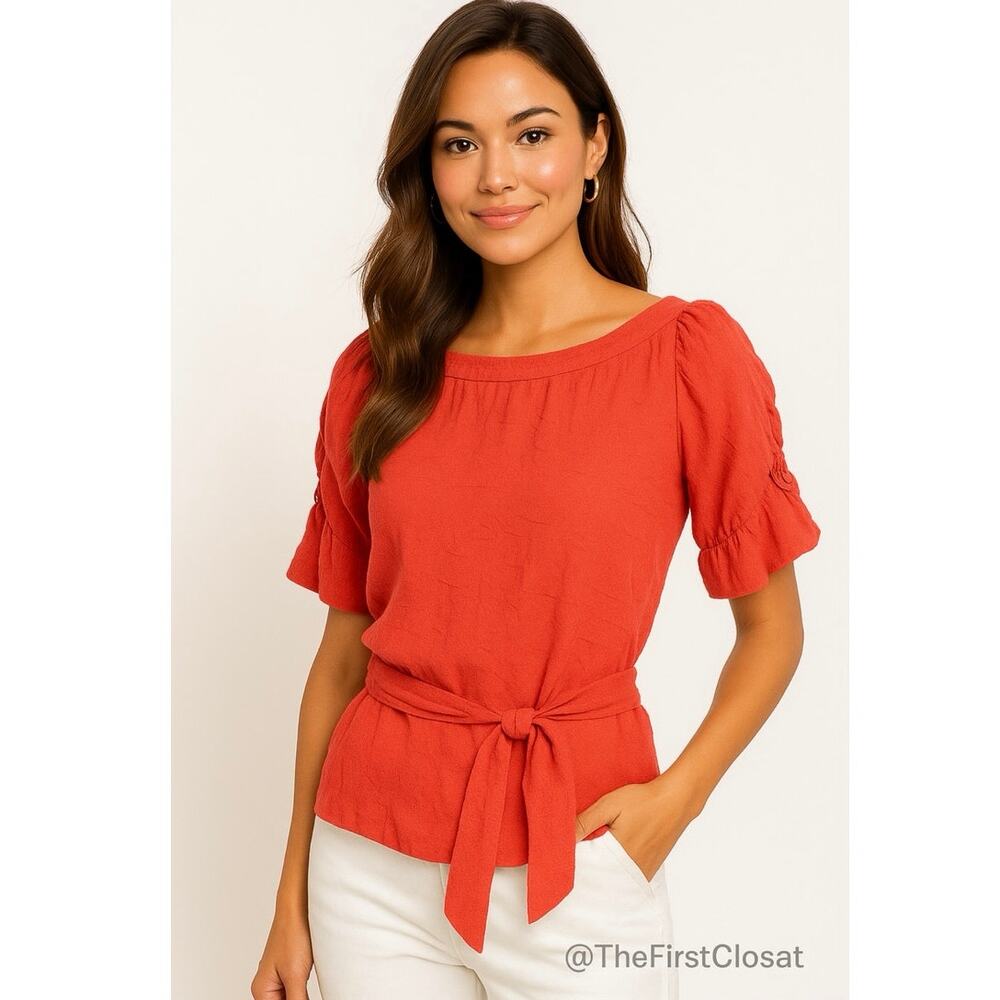 DUE PER DUE Coral Textured Puff-Sleeve Blouse with Waist Tie